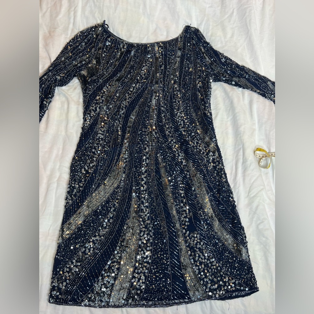 Beaded and Sequin Navy Blue and Silver Evening Dress